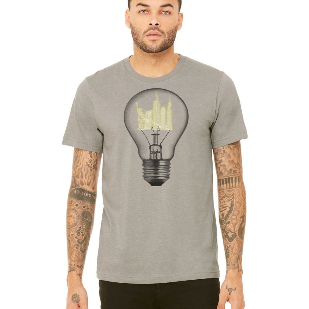 Paste red NYC skyline light Bulb silk screened design t-shirt